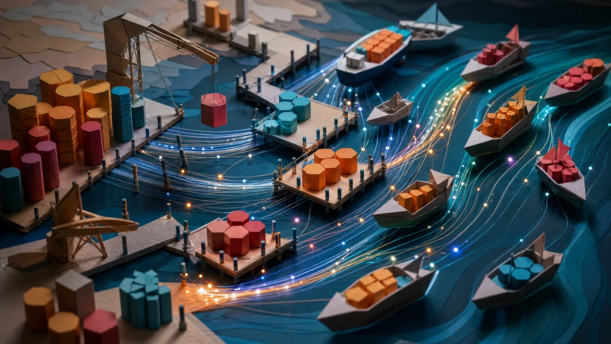 Illustration zu Apache Kafka: Nachrichtenkapseln fahren zwischen Producer-Docks und Consumer-Haefen