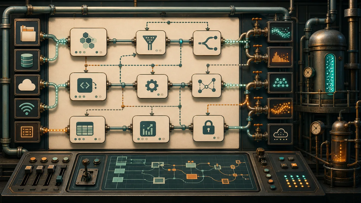 Illustration zu Apache NiFi: Datenstrom-Kontrollraum mit Pumpen, Knoten und Leitungen