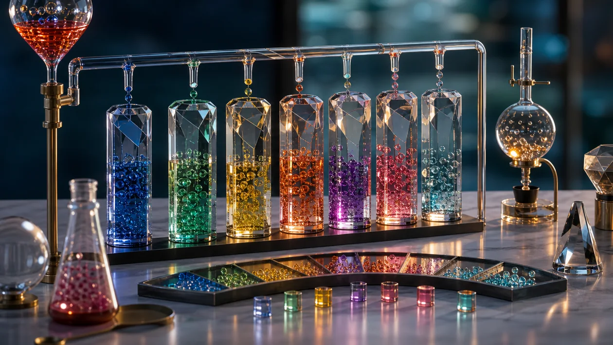 Illustration zu Apache Pinot: Farbsamples werden in Glas-Saeulen fuer Echtzeit-OLAP sortiert