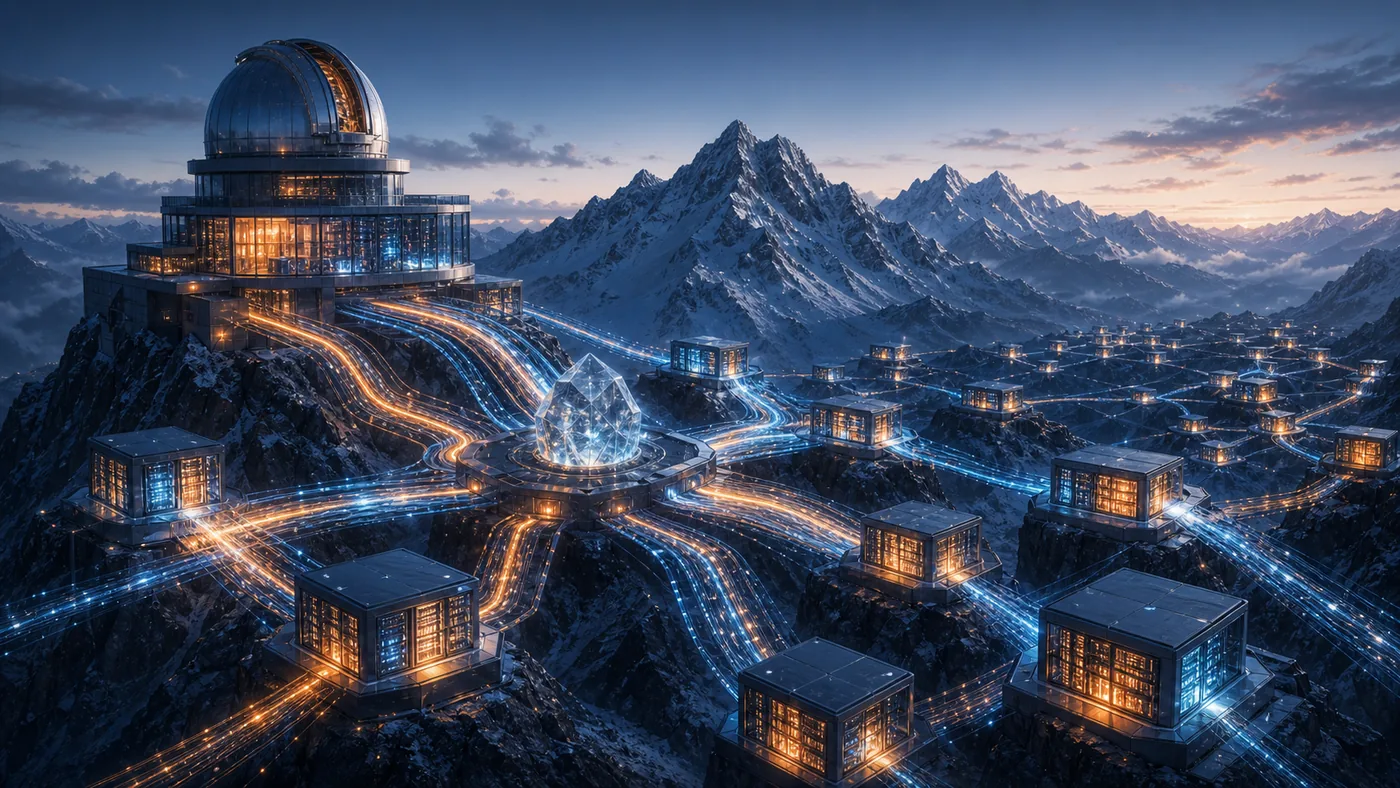 Illustration for Apache Spark: distributed computing as a mountain observatory with data routes