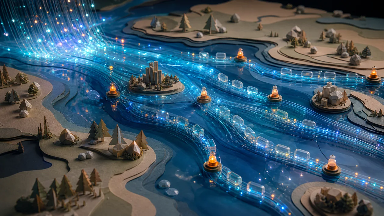Illustration zu Apache Spark Structured Streaming: Datenfluss verzweigt sich als leuchtendes Flussdelta mit Checkpoints