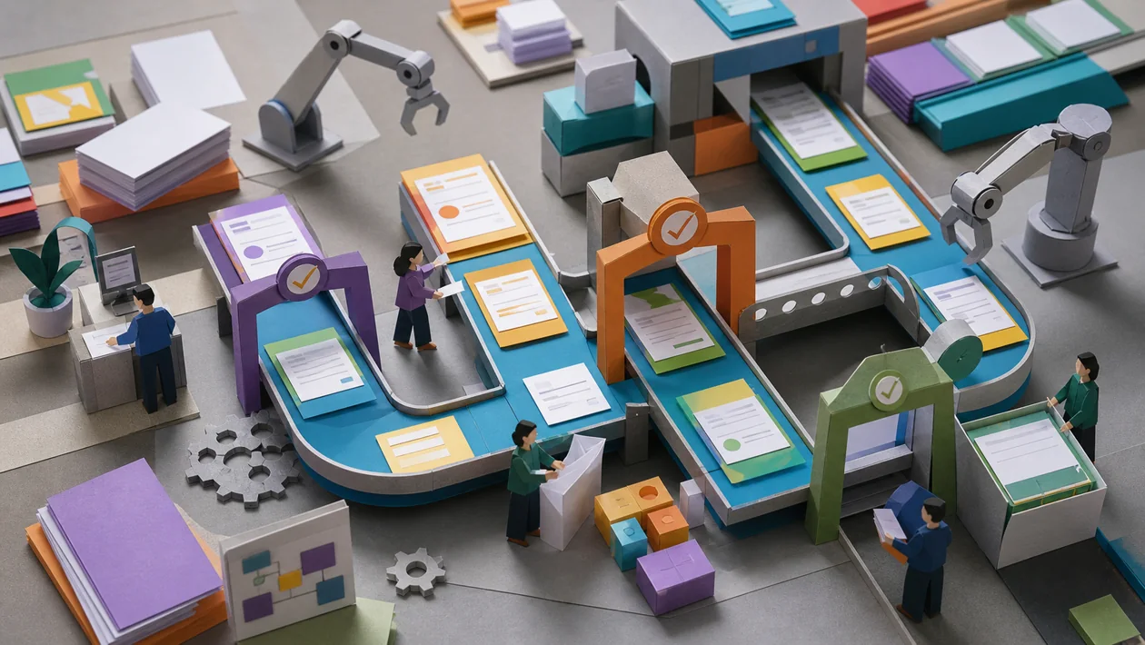 Illustration for Appian: workflow cards move through paper gates and automation stations