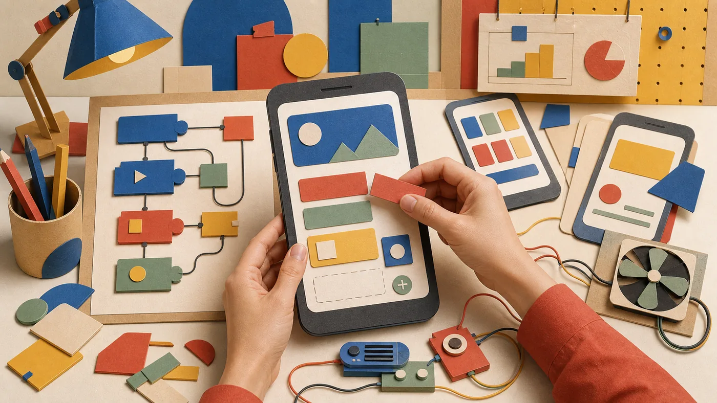 Illustration for App Inventor: no-code app kit with puzzle modules and smartphone prototype
