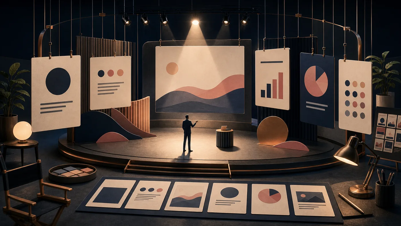 Illustration for Apple Keynote: presentation slides as a theatre model with lights, cards and storyboard