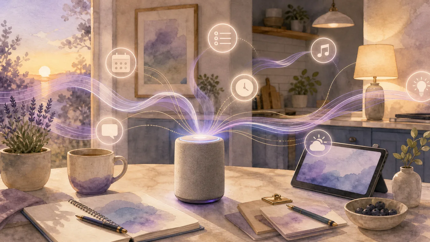 Illustration for Apple Siri: voice assistance in a living room with light waves and smart-home scenes
