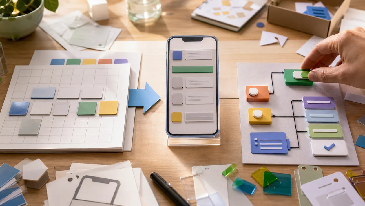 Illustration for AppSheet: table tiles, phone frames, and workflow switches snap into an app