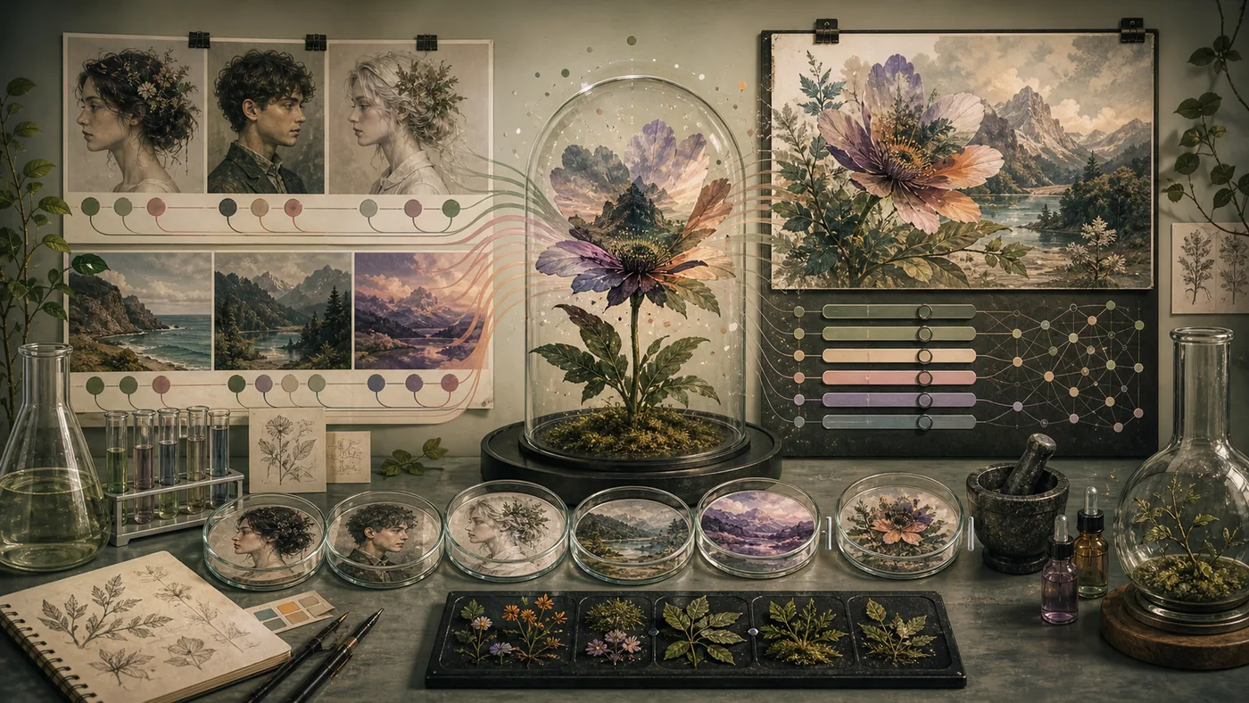 Illustration for Artbreeder: image variants as a botanical genetics lab with cards and controls