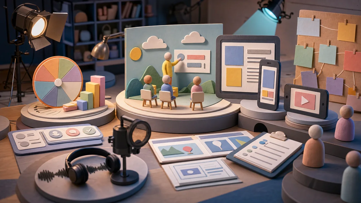 Illustration for Articulate 360: learning studio with quiz wheels, review cards, and device frames