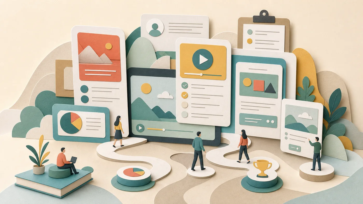Illustration for Articulate Rise: e-learning courses as a responsive module landscape
