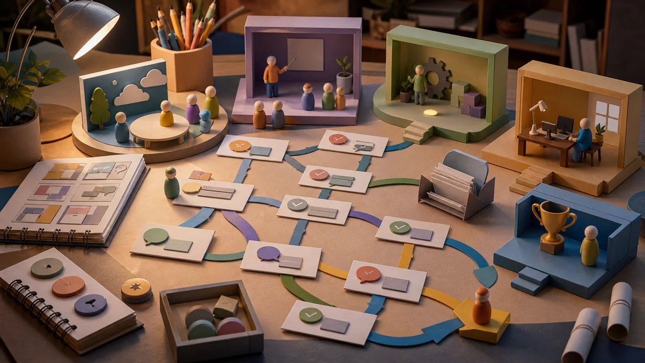 Illustration for Articulate Storyline: scene boxes, decision paths, and quiz tokens form branching training