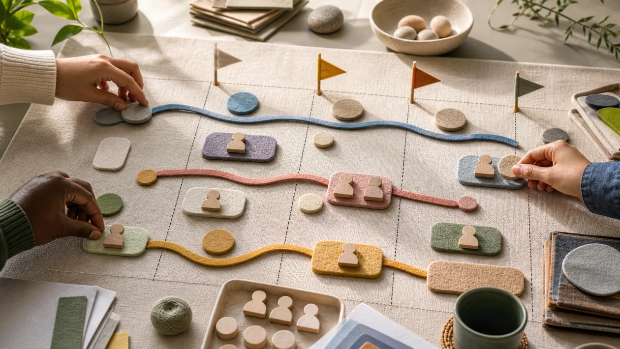 Illustration for Asana: task stones, timeline ribbons, and milestone flags organize teamwork