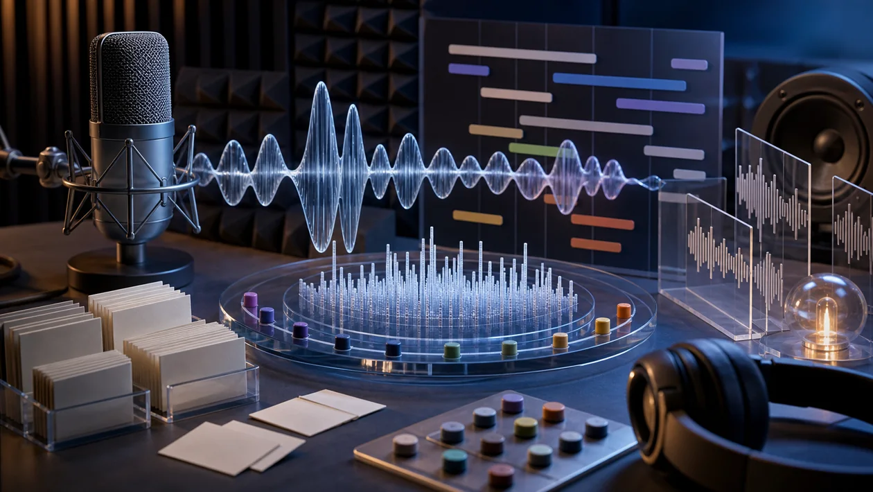 Illustration for AssemblyAI: microphone, waveform ribbons, and transcript cards analyze audio signals