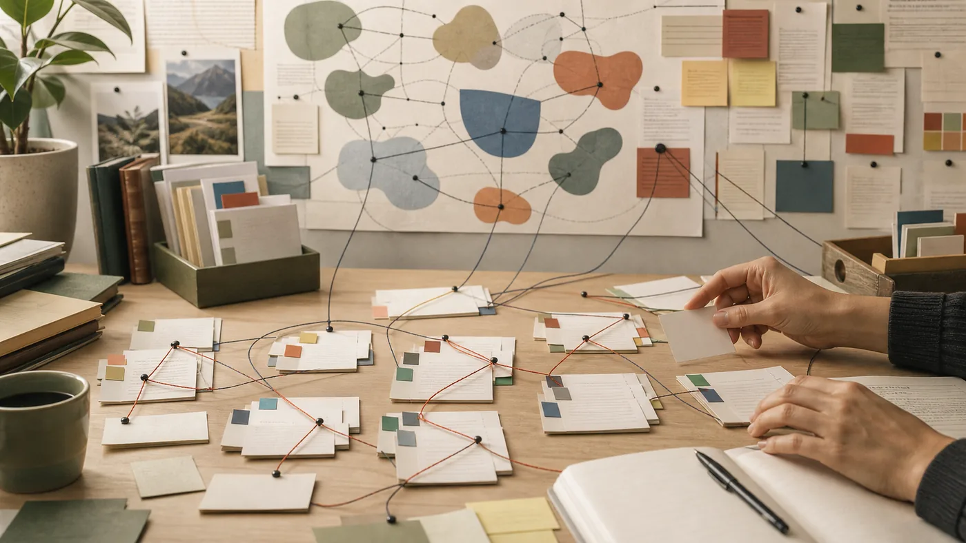 Illustration for ATLAS.ti: qualitative analysis with interview cards, codes and theme wall