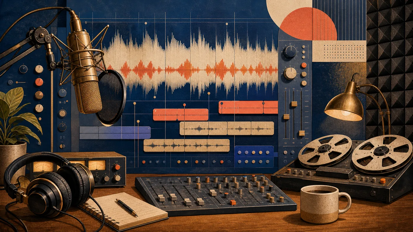 Illustration for Audacity: audio editing desk with waveforms, tracks and studio hardware