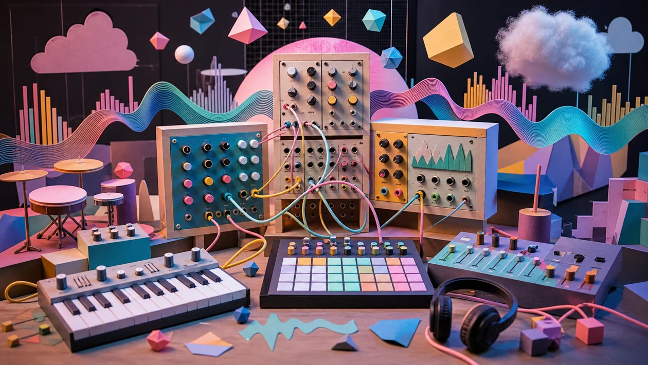 Illustration for Audiotool: patch cables, synth modules, and sound shapes build a browser music studio