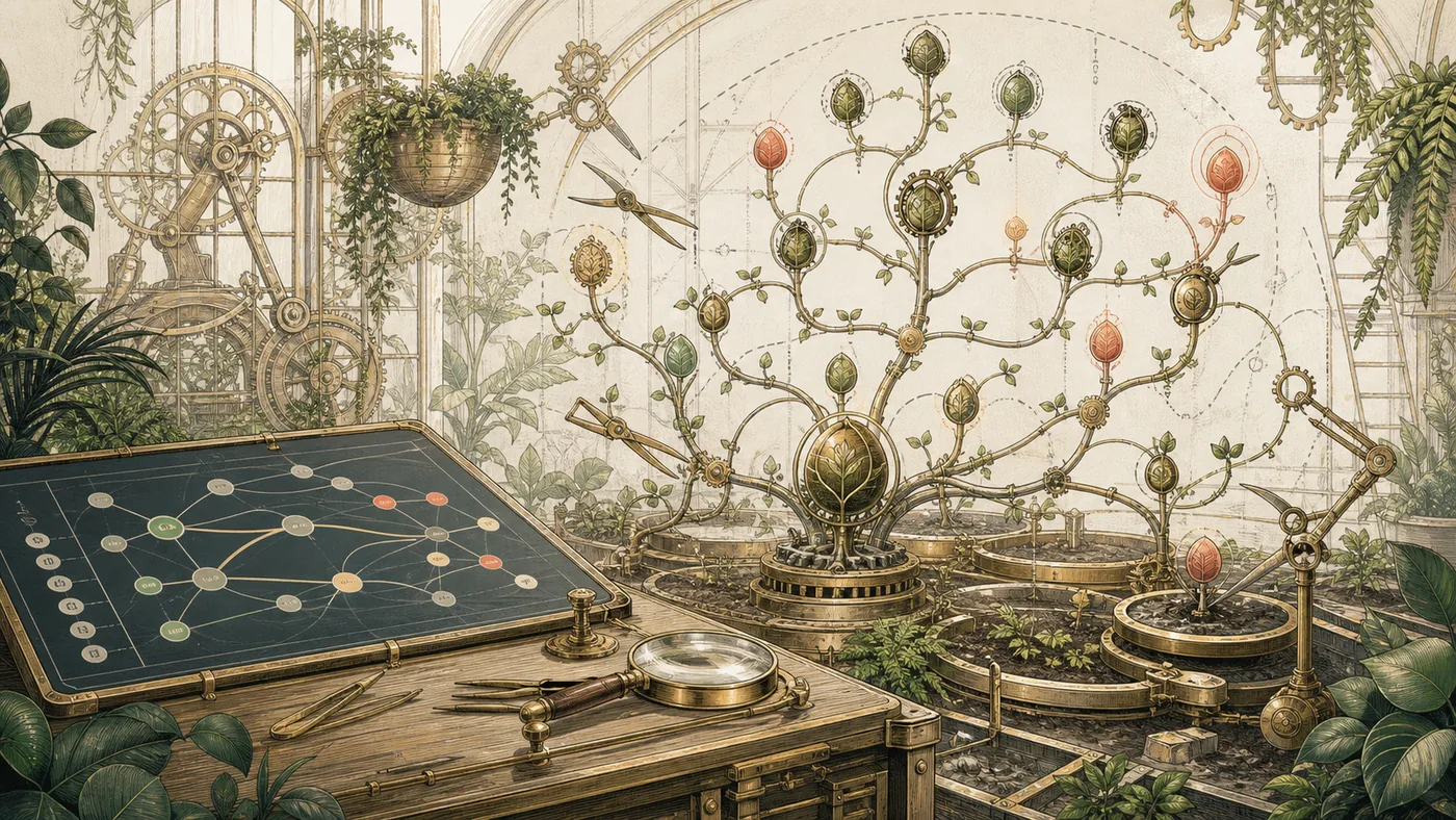 Illustration zu Automata: Autonome Workflows als mechanischer Garten mit Aufgabenpfaden