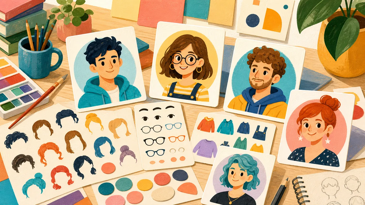 Illustration zu Avatoon: Avatar-Erstellung mit Charakterkarten, Farben und Profilvarianten
