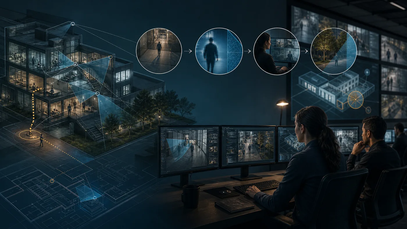 Illustration for Avigilon: security control room, camera viewpoints and building review in a night plan