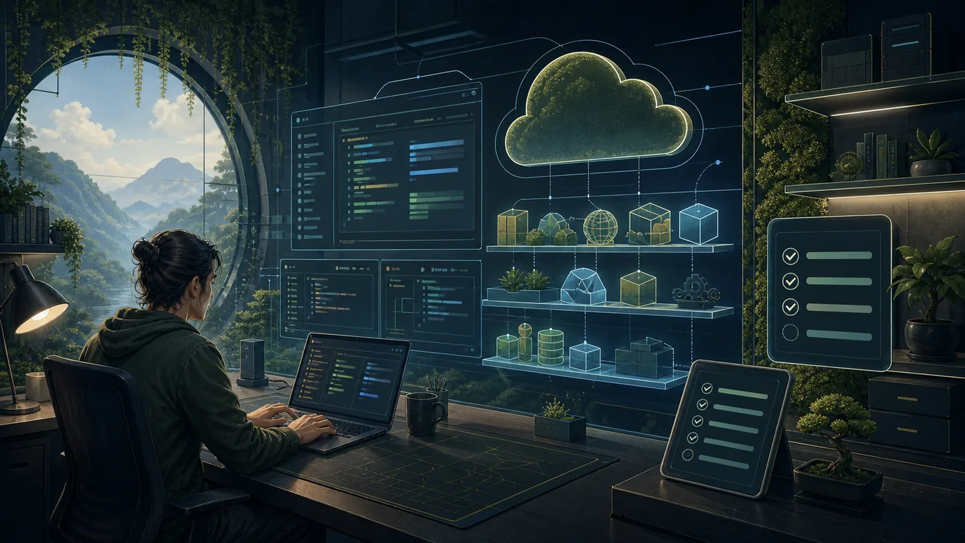 Illustration for AWS Cloud9: cloud development desk with abstract code panels and resources