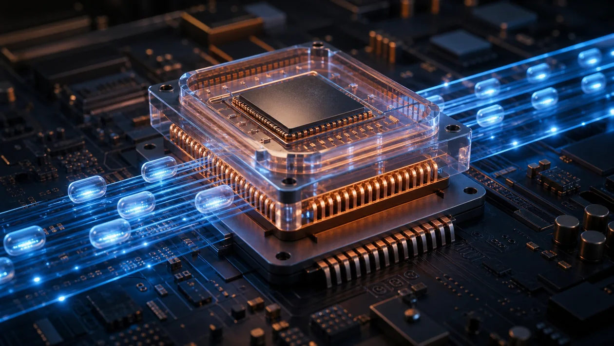 Illustration for AWS Inferentia: AI accelerator chip with glowing signal paths