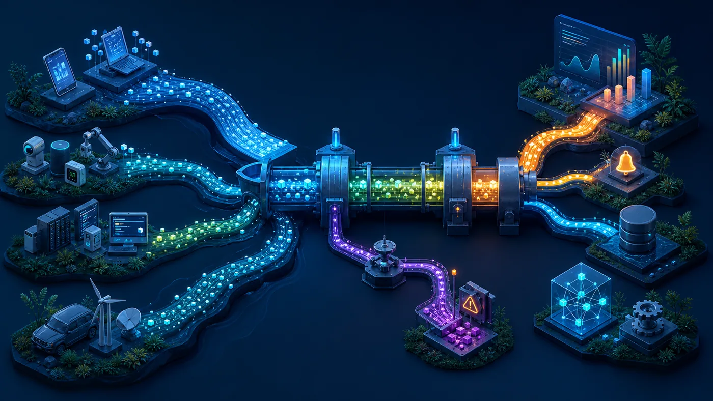 Illustration for AWS Kinesis: data streams from sensors, logs and apps flowing into analytics paths