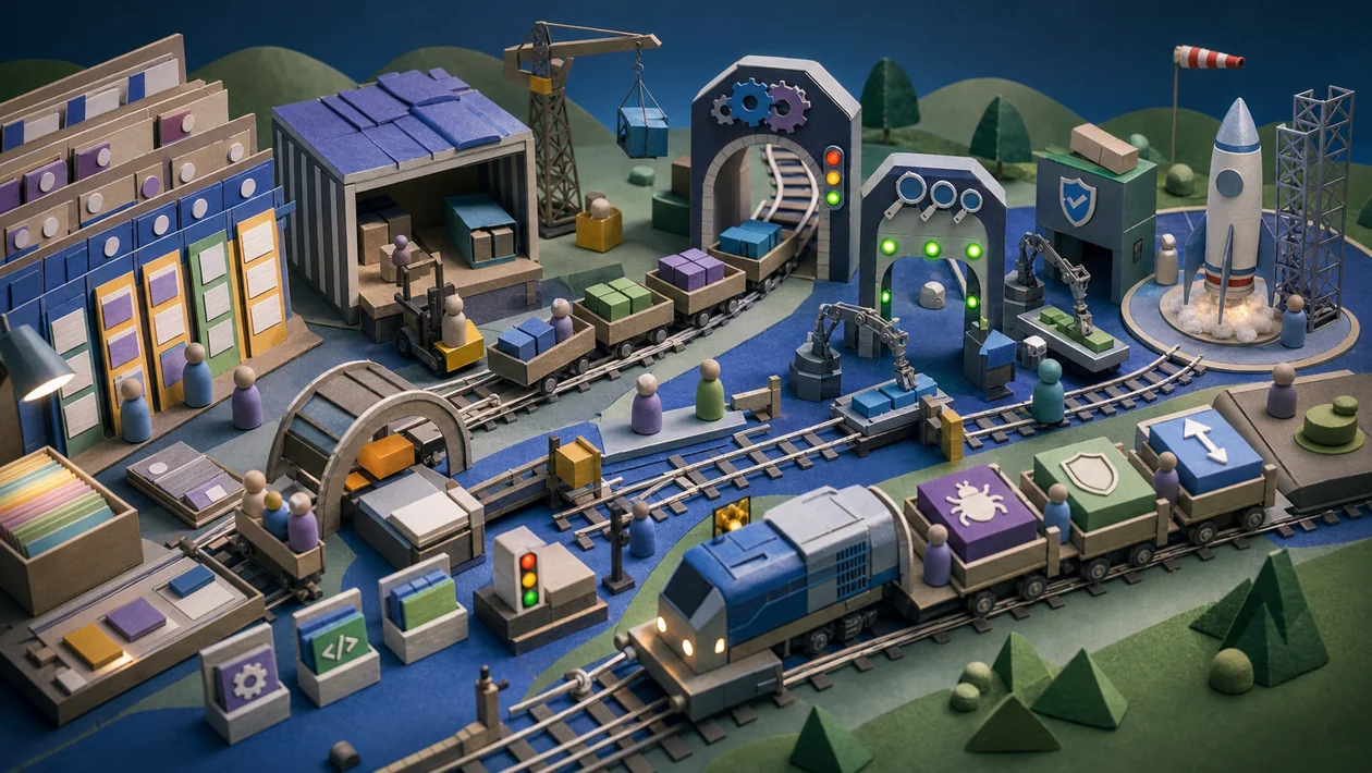 Illustration zu Azure DevOps: Release-Bahnhof mit Pipeline, Tickets und Übergaben
