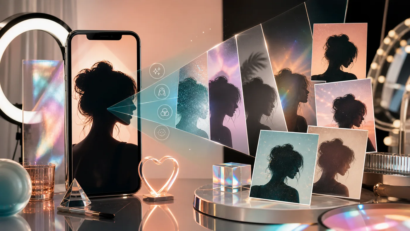 Illustration for B612: mobile camera effects, filter variations and image tiles in studio light