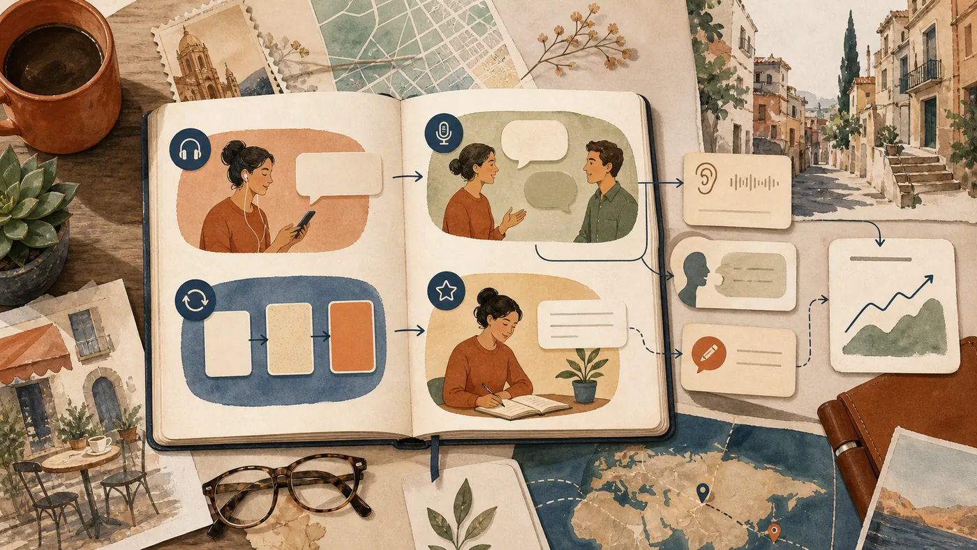 Illustration zu Babbel: Sprachlernnotizbuch mit Sprechuebung, Wiederholung und Feedback
