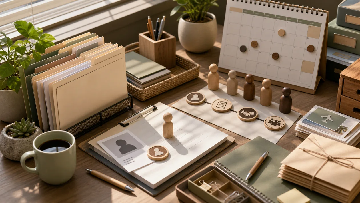 Illustration for BambooHR: HR desk with profile cards and plants