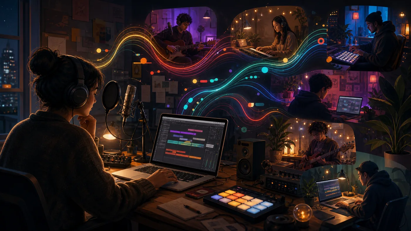 Illustration for BandLab: music production and collaboration inside a night studio