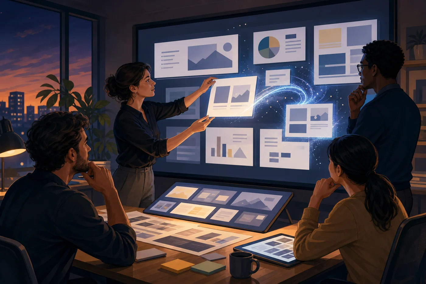 Illustration for Beautiful.ai: team arranges abstract presentation slides into a clear story