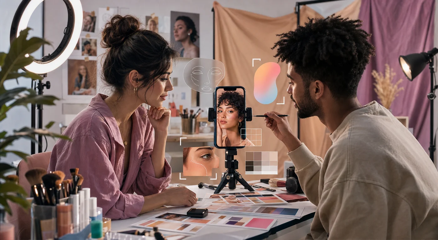 Illustration for BeautyPlus: creator team reviews portrait editing with abstract retouching masks in a studio