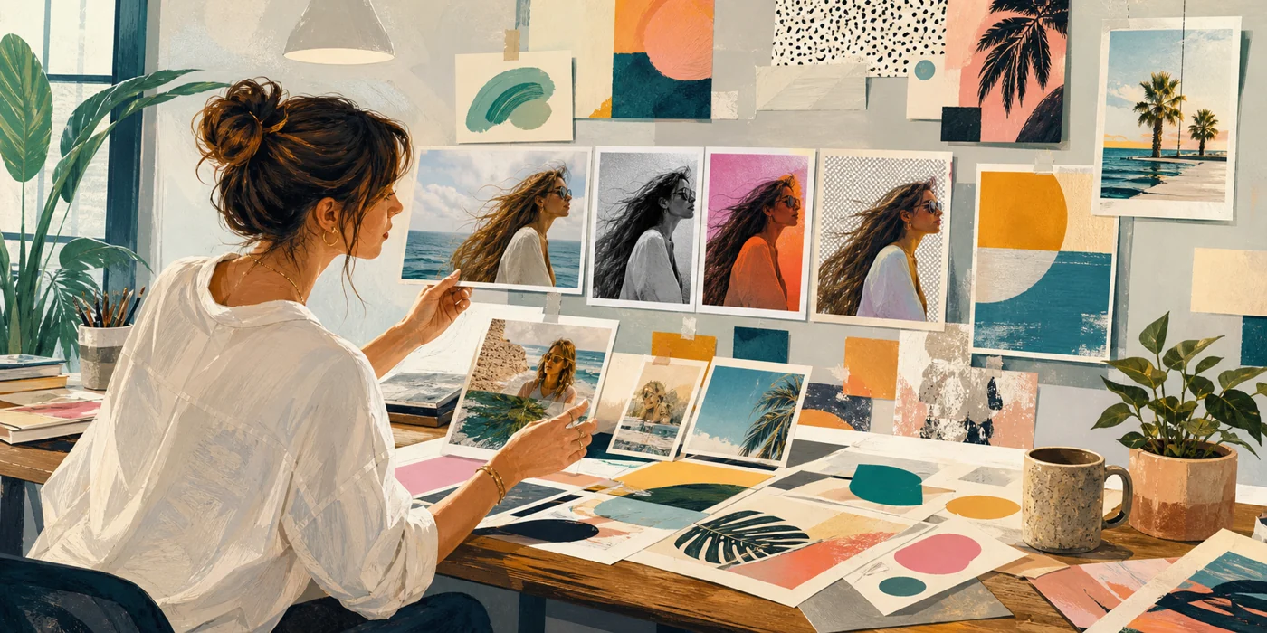 Illustration for BeFunky: designer creates collage and image variants at a creative workspace