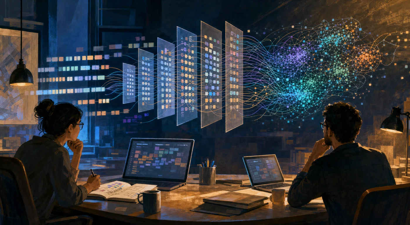 Illustration for BERT: developers analyze abstract language tokens and attention paths in a model workspace