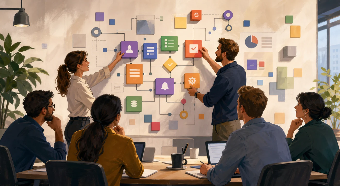 Illustration for Betty Blocks: team builds an internal workflow from modular no-code blocks