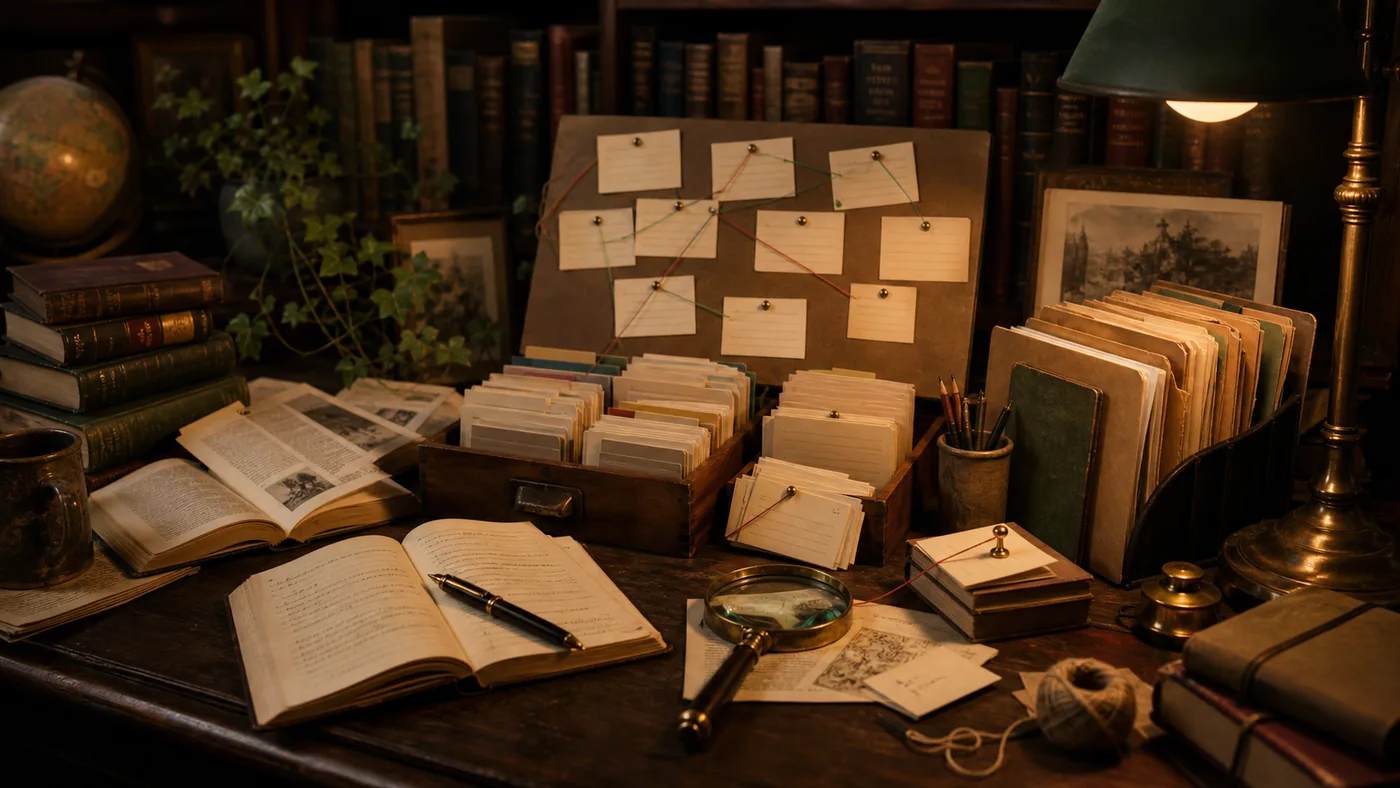 Illustration zu BibDesk: Literaturkarten, Buecher und Quellenarbeit auf einem Bibliothekstisch