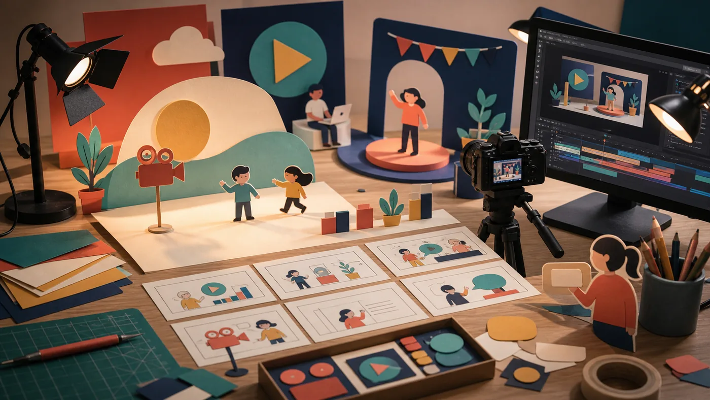 Illustration for Biteable: short videos being assembled in a small animation studio