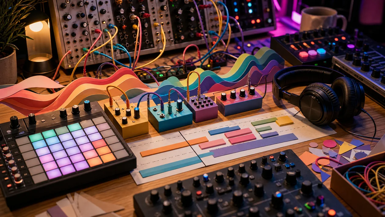 Illustration for Bitwig Studio: electronic music studio with synthesizers and tracks