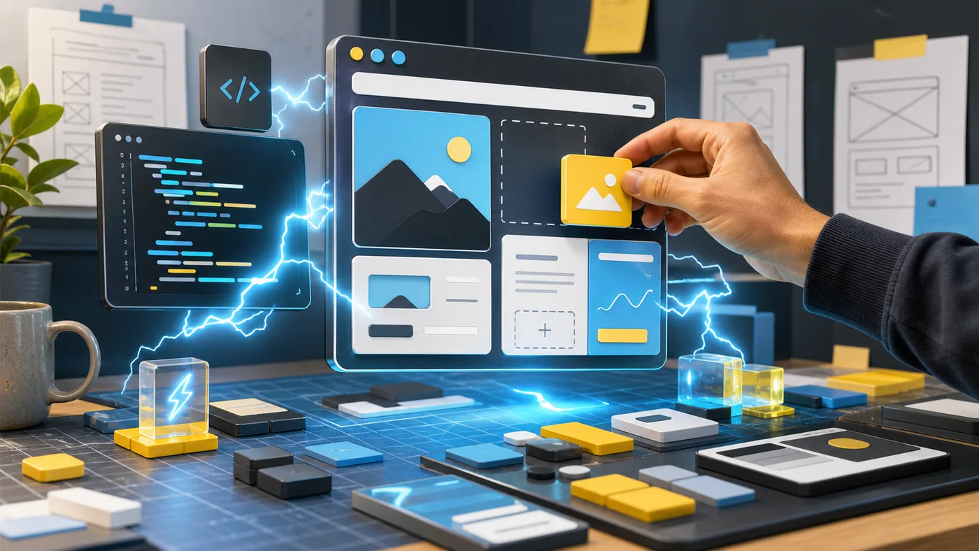 Illustration for Bolt.new: an app prototype taking shape on a bright development workbench