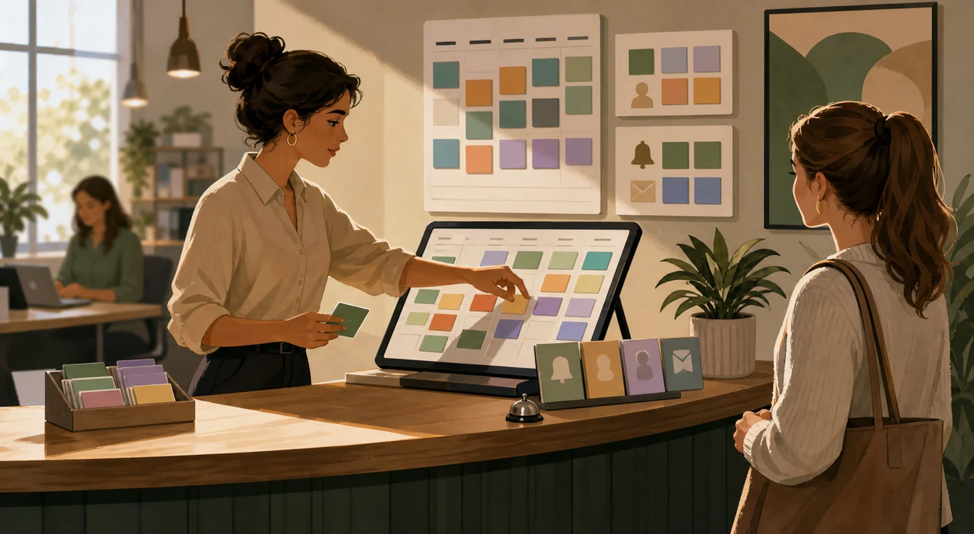 Illustration for Bookafy: coordinator organizes appointments, availability, and reminders in a service office