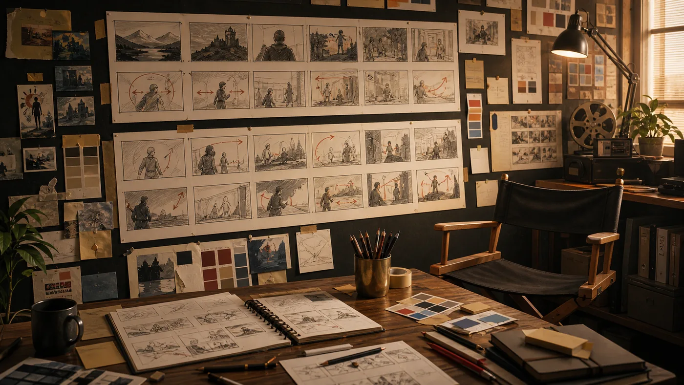 Illustration for Boords: storyboard planning on a film studio wall