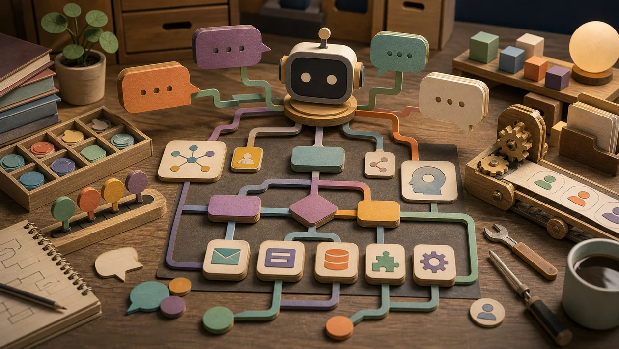 Illustration for Botpress: chatbot workshop with connected conversation blocks