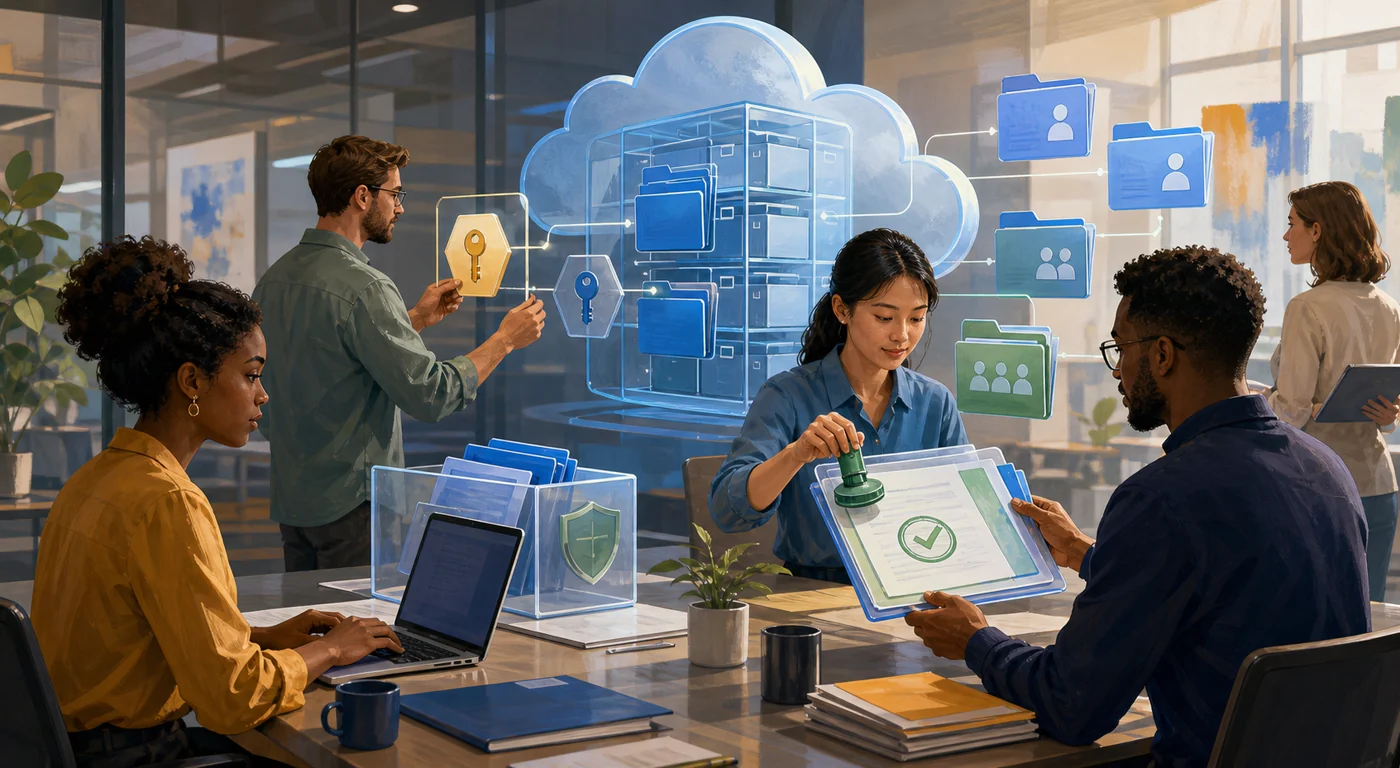 Illustration zu Box: Team organisiert sichere Dateiablage mit Freigaben, Versionen und Cloud-Archiv