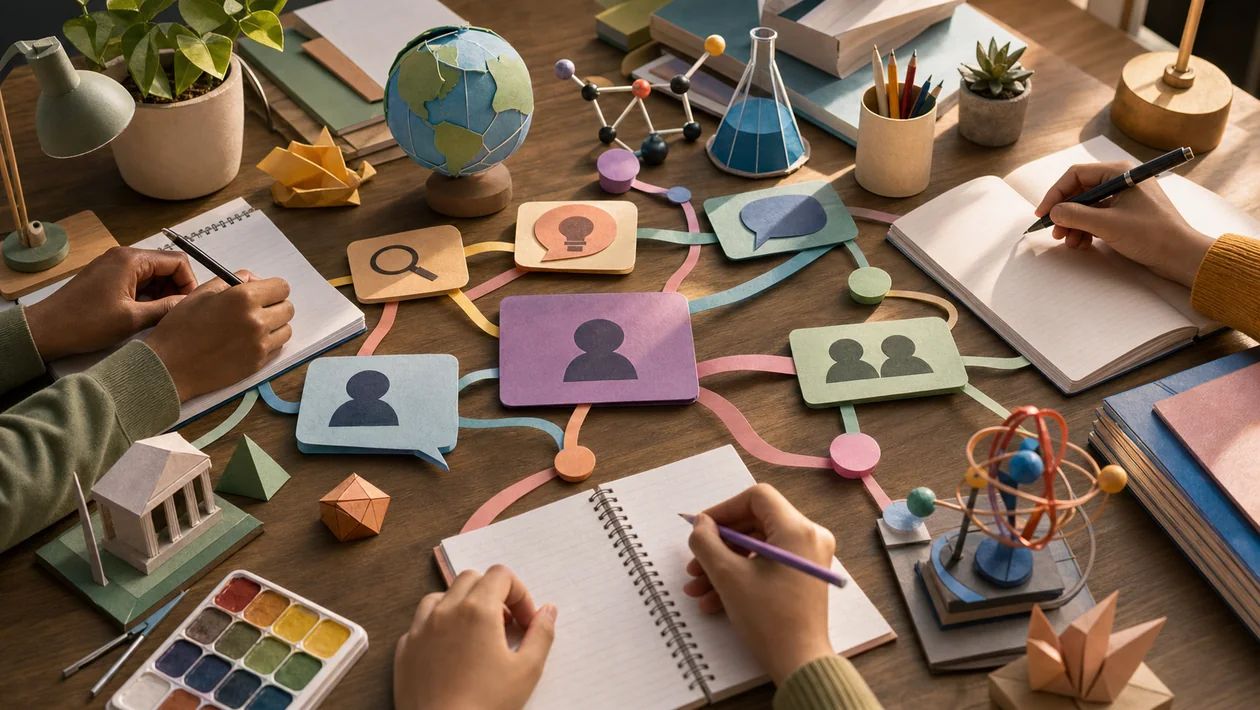 Illustration for Brainly: shared study table with questions, ideas, and notes
