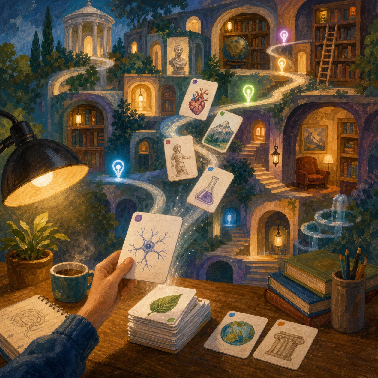 Illustration for Brainscape: flashcards unfolding into a memory palace
