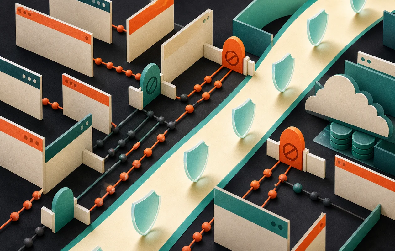 Illustration zu Brave: ein geschuetzter Browsing-Pfad blockt Tracking-Signale in einem Papierlabyrinth