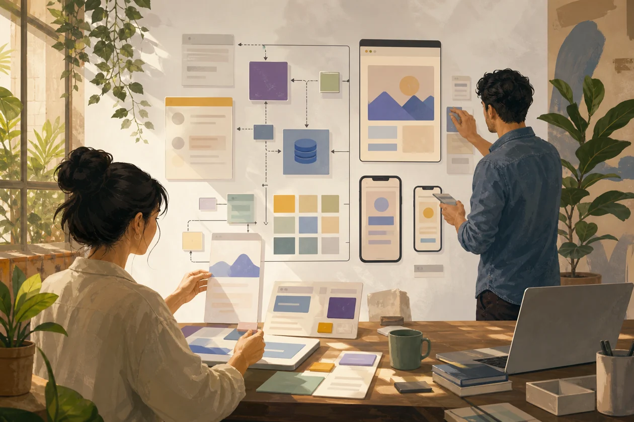 Illustration for Bubble: team builds a web app from visual data and workflow blocks