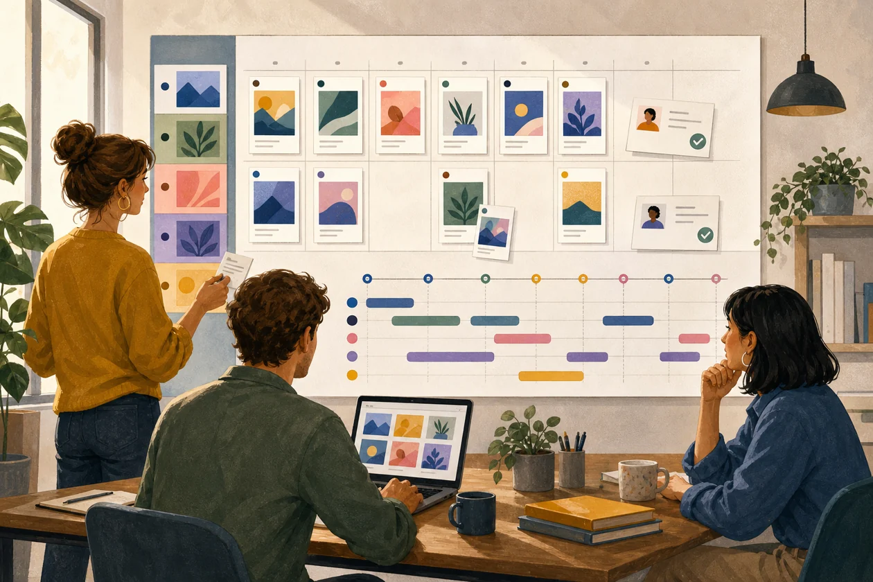 Illustration for Buffer: editorial team plans social posts on a shared timeline
