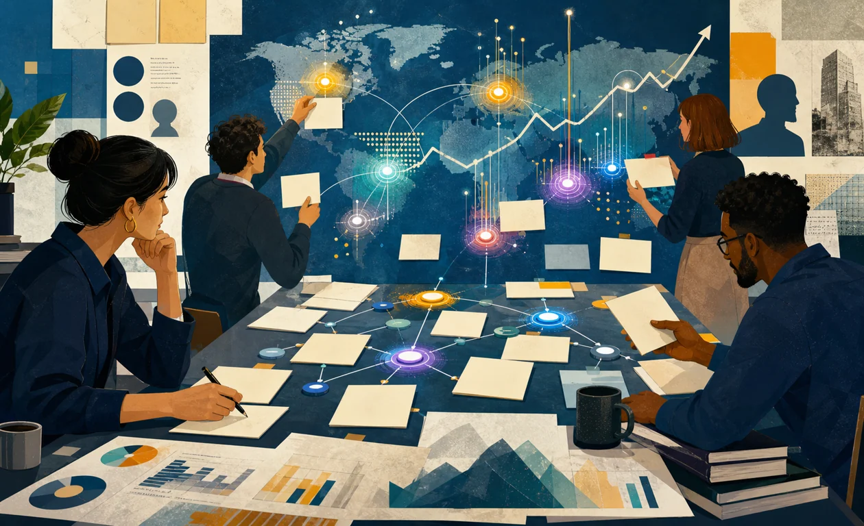 Illustration for BuzzSumo: content team organizes topic clusters and trend signals for campaign planning