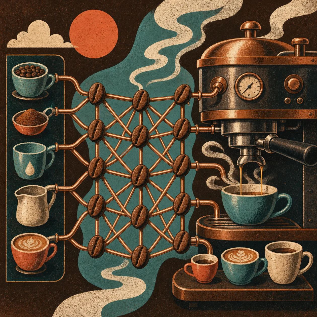 Illustration zu Caffe: Espressomaschine als neuronales Netz aus Tassen und Bohnen